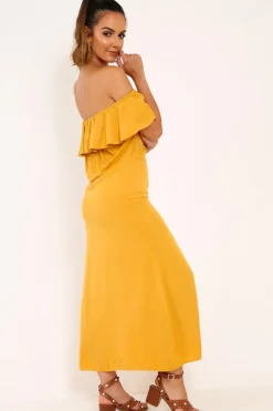 Rebellious Fashion Mustard Bardot Frill Button Front Midi Dress - Clancy