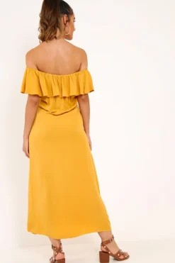 Rebellious Fashion Mustard Bardot Frill Button Front Midi Dress - Clancy