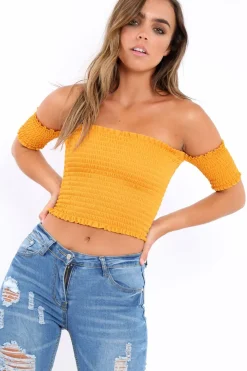 Rebellious Fashion Mustard Bardot Frill Shirred Crop Top - Kailah