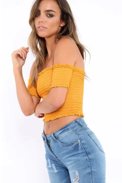 Rebellious Fashion Mustard Bardot Frill Shirred Crop Top - Kailah