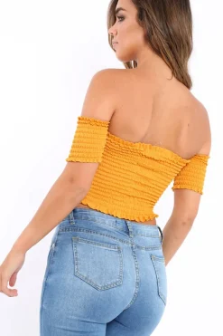 Rebellious Fashion Mustard Bardot Frill Shirred Crop Top - Kailah
