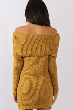 Rebellious Fashion Mustard Bardot Heavy Knit Jumper Dress - Suzy