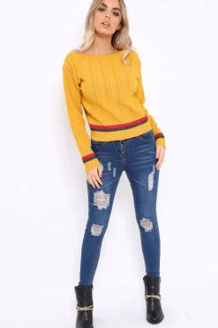 Rebellious Fashion Mustard Bardot Jumper with Stripe Detail - Falon