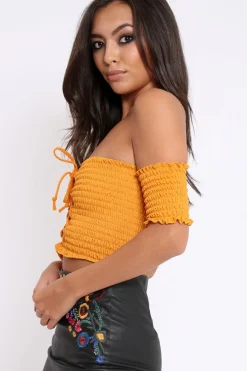 Rebellious Fashion Mustard Bardot Lace Up Frill Shirred Crop Top - Linsa