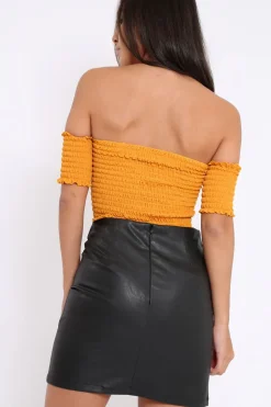 Rebellious Fashion Mustard Bardot Lace Up Frill Shirred Crop Top - Linsa