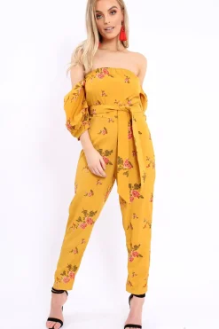 Rebellious Fashion Mustard Bardot Open Back Jumpsuit - Serenity