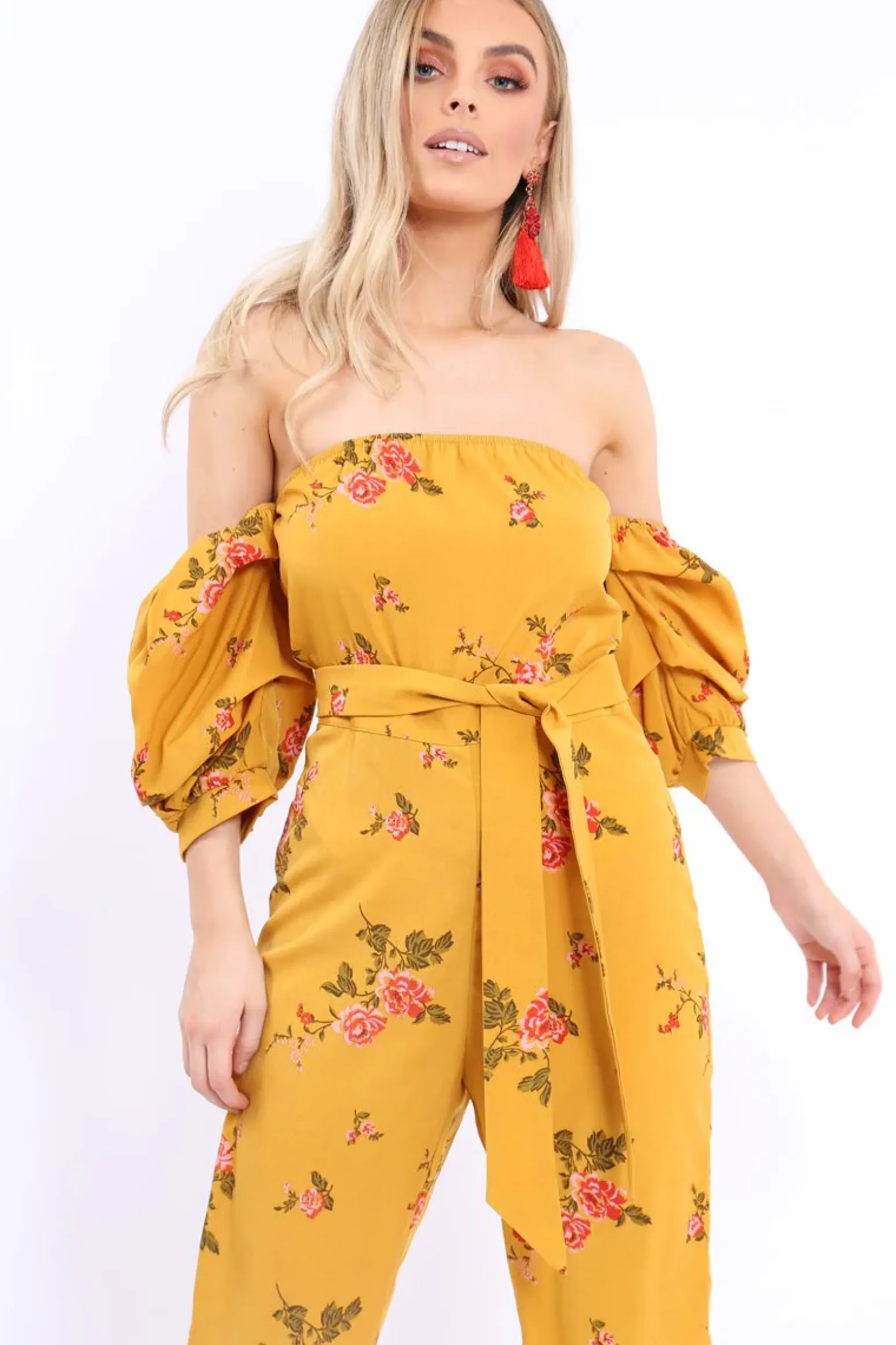 Rebellious Fashion Mustard Bardot Open Back Jumpsuit - Serenity