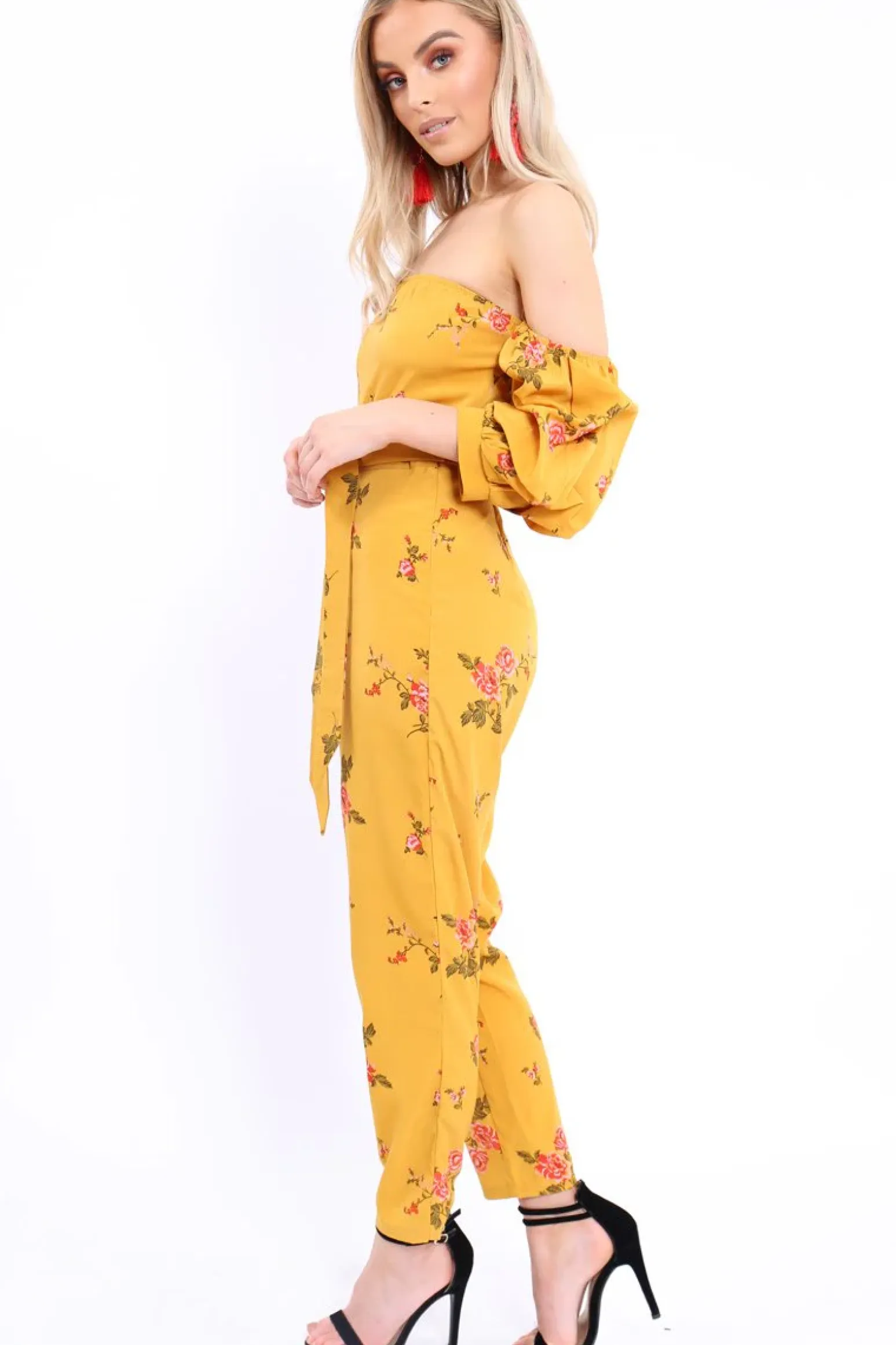 Rebellious Fashion Mustard Bardot Open Back Jumpsuit - Serenity