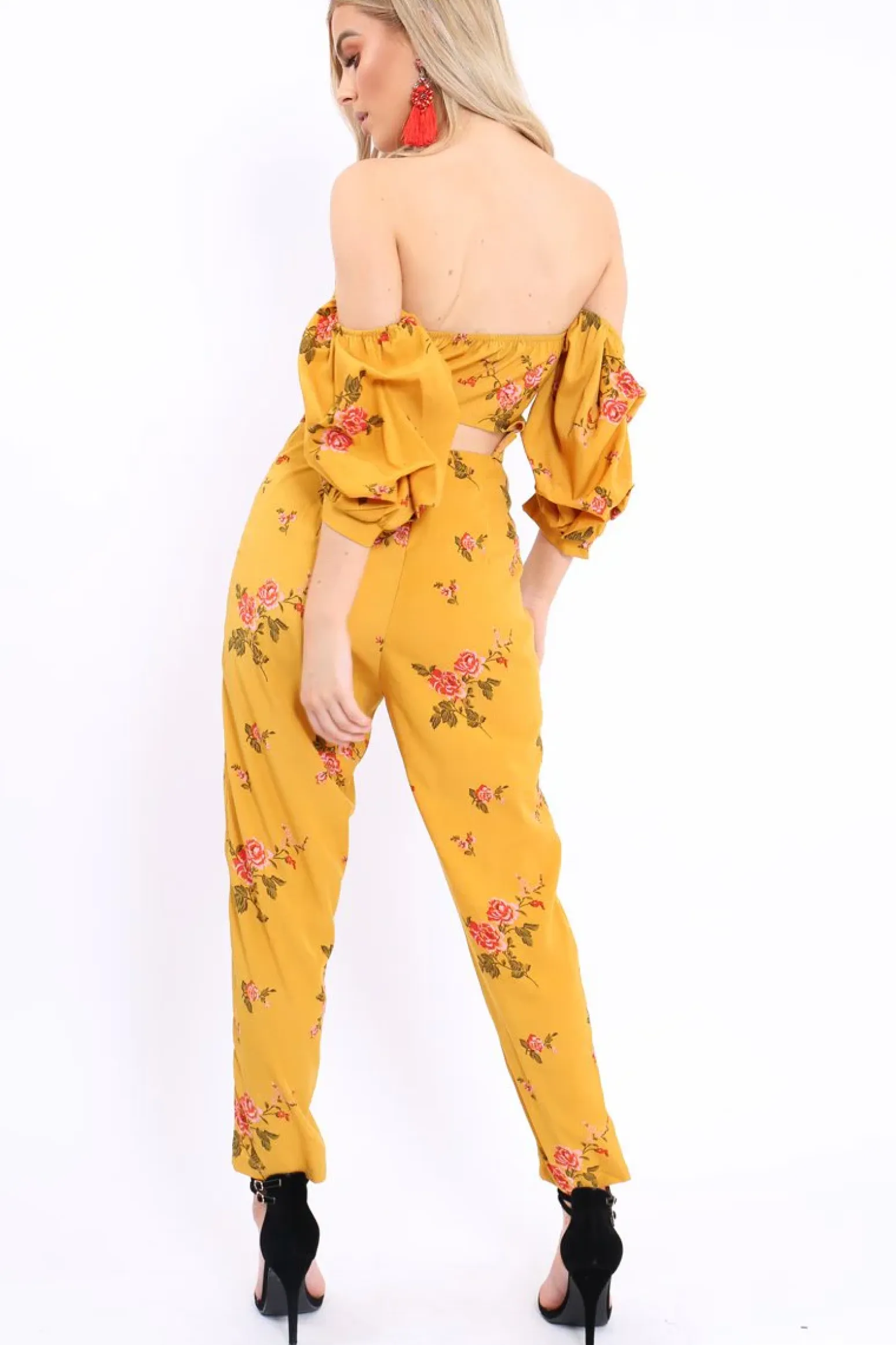 Rebellious Fashion Mustard Bardot Open Back Jumpsuit - Serenity