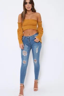 Rebellious Fashion Mustard Bardot Shirred Crop Top with Flared Sleeves - Shera