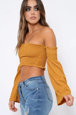 Rebellious Fashion Mustard Bardot Shirred Crop Top with Flared Sleeves - Shera