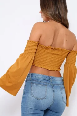 Rebellious Fashion Mustard Bardot Shirred Crop Top with Flared Sleeves - Shera