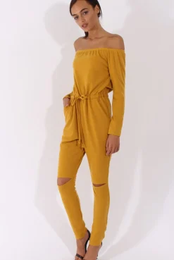 Rebellious Fashion Mustard Bardot Split Knee Jumpsuit - Coran