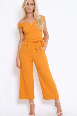 Rebellious Fashion Mustard Bardot V Dip Jumpsuit - Lisah