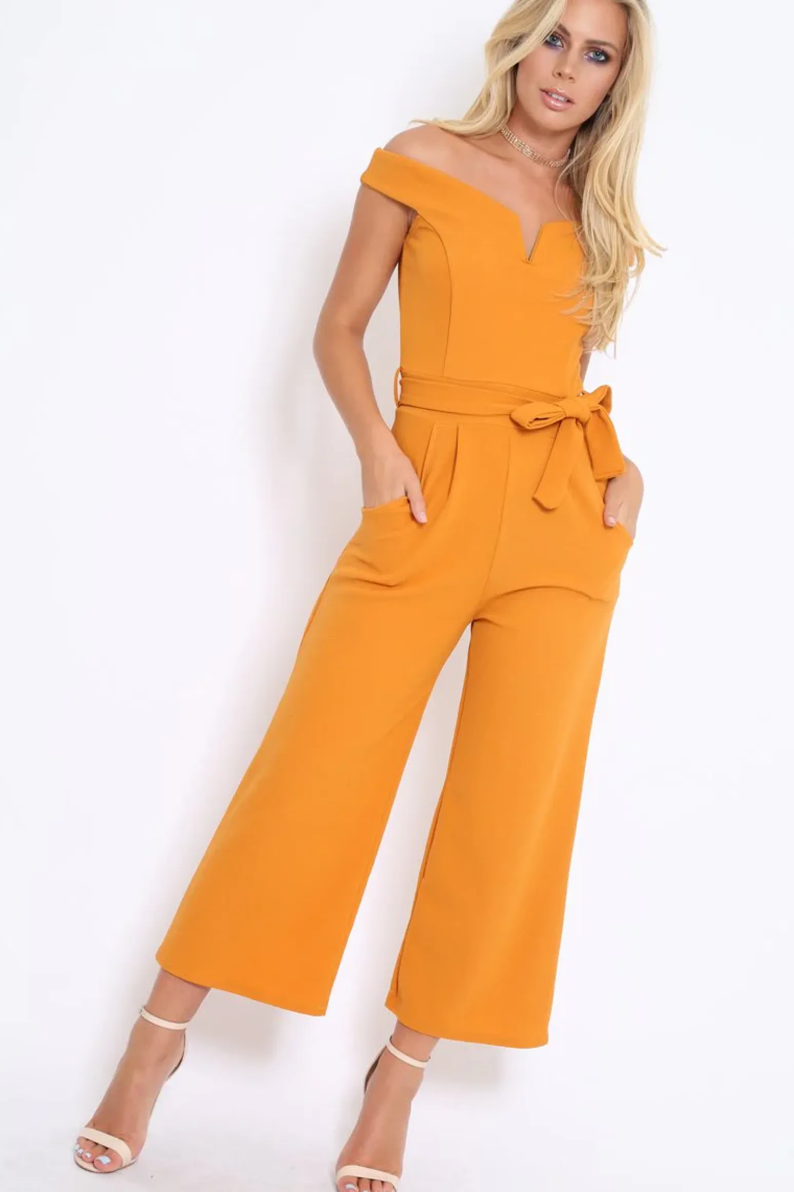 Rebellious Fashion Mustard Bardot V Dip Jumpsuit - Lisah