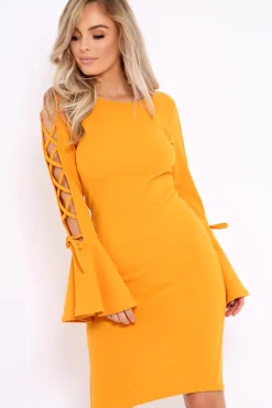 Rebellious Fashion Mustard Bell Sleeved Dress with Lace up Detail - Faith