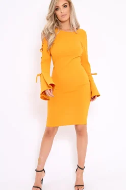 Rebellious Fashion Mustard Bell Sleeved Dress with Lace up Detail - Faith