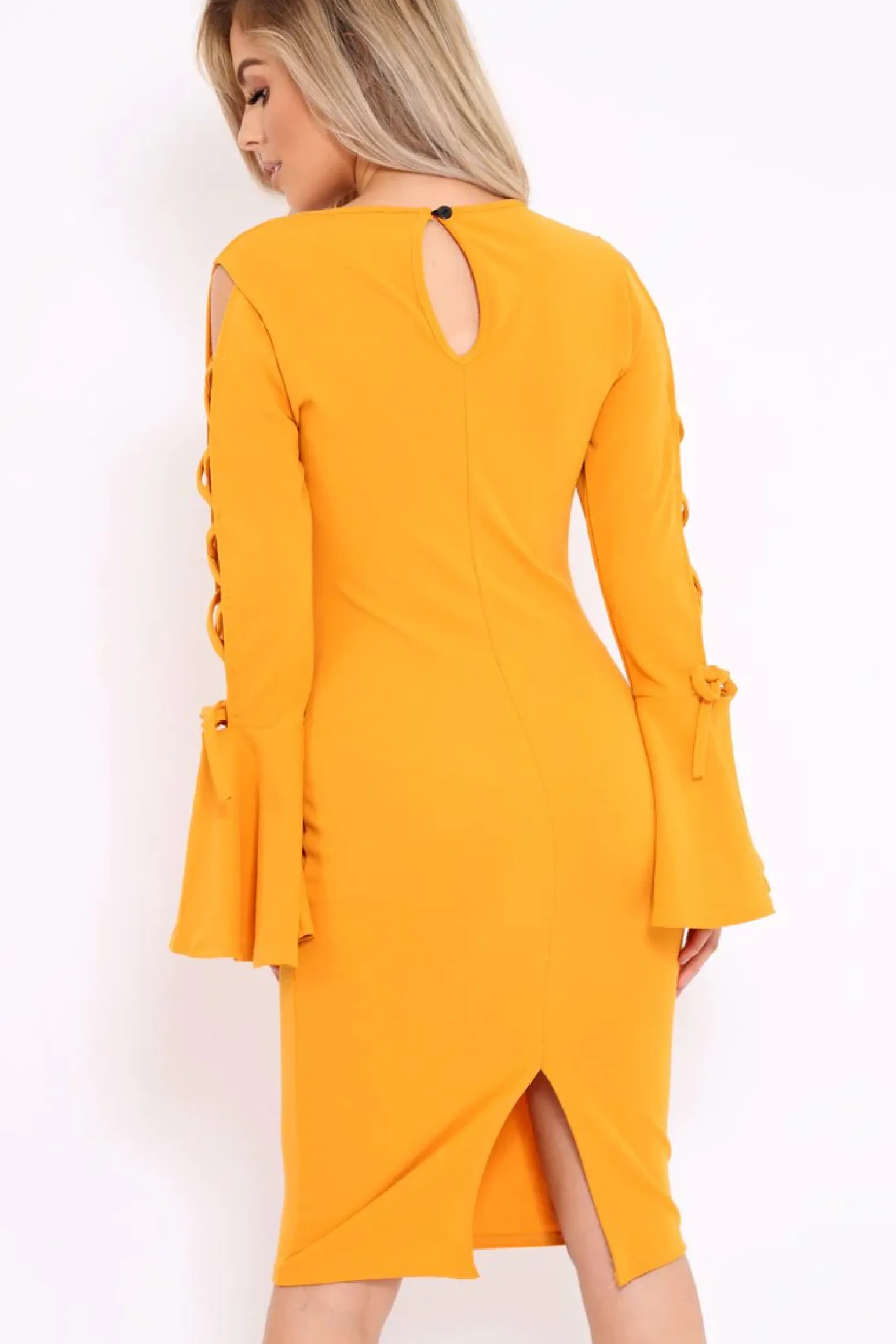 Rebellious Fashion Mustard Bell Sleeved Dress with Lace up Detail - Faith