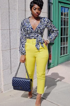 Rebellious Fashion Mustard Belted Straight Leg Tailored Trousers - Krystelle