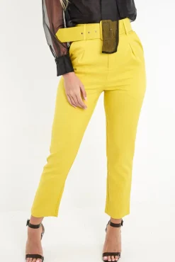 Rebellious Fashion Mustard Belted Straight Leg Tailored Trousers - Krystelle