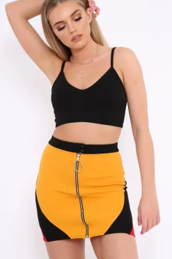 Rebellious Fashion Mustard Black And Red Colour Block Zip Front Mini Skirt and Bralet Co-ord - Kacey