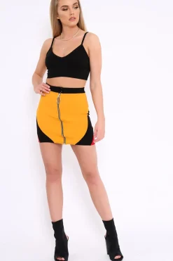 Rebellious Fashion Mustard Black And Red Colour Block Zip Front Mini Skirt and Bralet Co-ord - Kacey