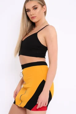 Rebellious Fashion Mustard Black And Red Colour Block Zip Front Mini Skirt and Bralet Co-ord - Kacey