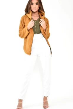 Rebellious Fashion Mustard Borg Hooded Zipper Front Coat - Bryley