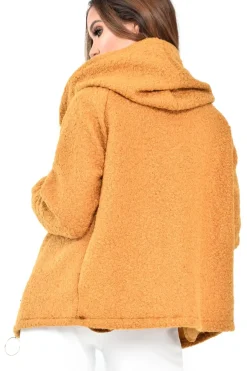 Rebellious Fashion Mustard Borg Hooded Zipper Front Coat - Bryley