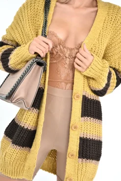 Rebellious Fashion Mustard Brown Colour Block Chunky Knit Cardigan - Brionna
