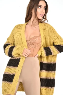 Rebellious Fashion Mustard Brown Colour Block Chunky Knit Cardigan - Brionna