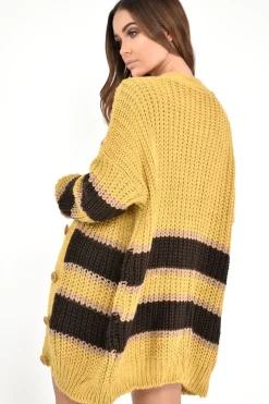 Rebellious Fashion Mustard Brown Colour Block Chunky Knit Cardigan - Brionna