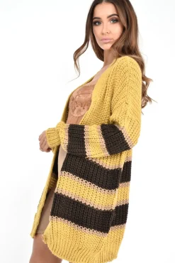 Rebellious Fashion Mustard Brown Colour Block Chunky Knit Cardigan - Brionna