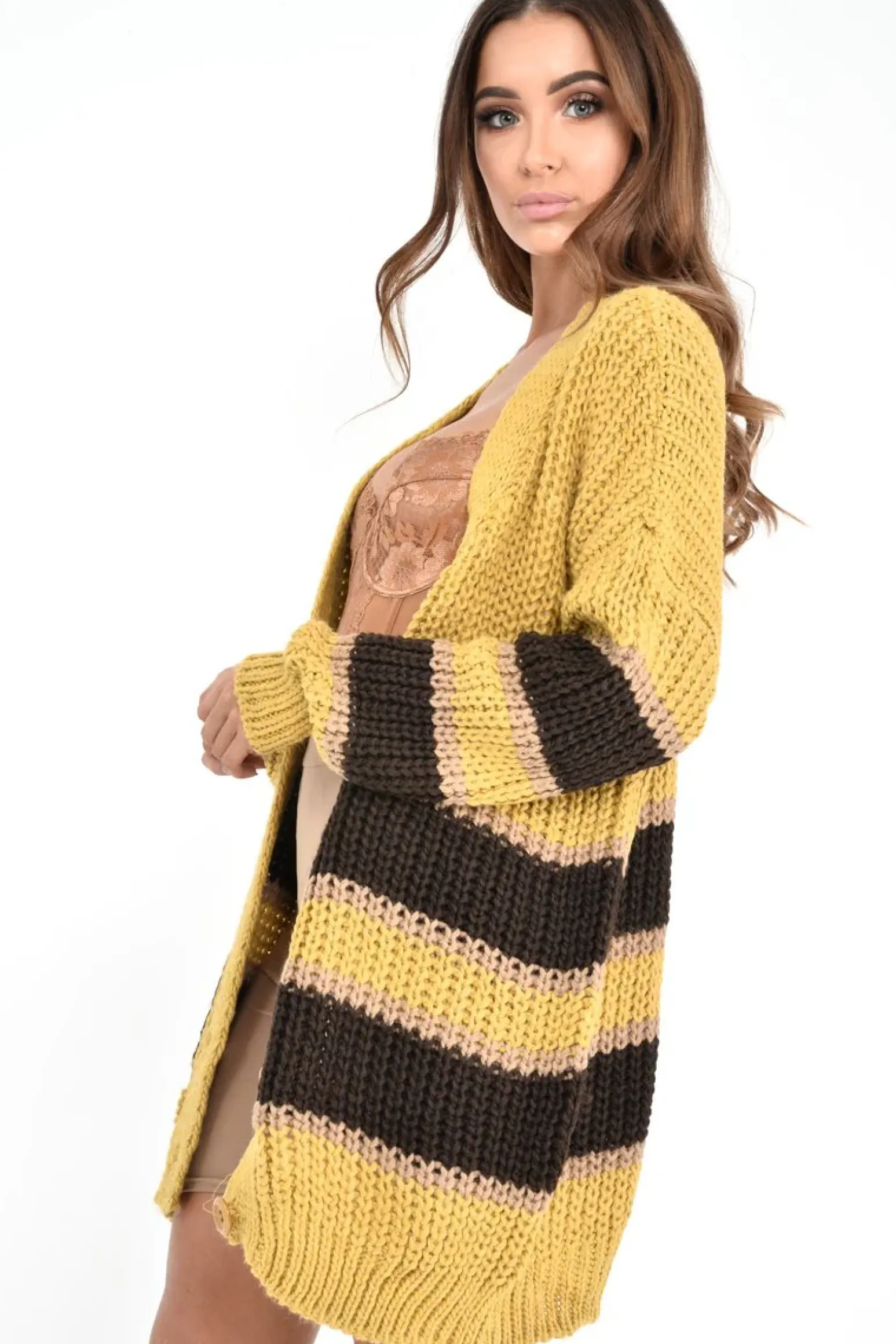 Rebellious Fashion Mustard Brown Colour Block Chunky Knit Cardigan - Brionna