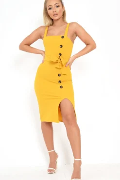 Rebellious Fashion Mustard Button Detail Tie Waist Midi Dress - Susana