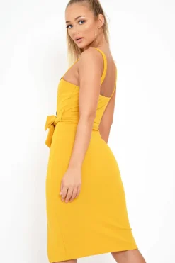 Rebellious Fashion Mustard Button Detail Tie Waist Midi Dress - Susana