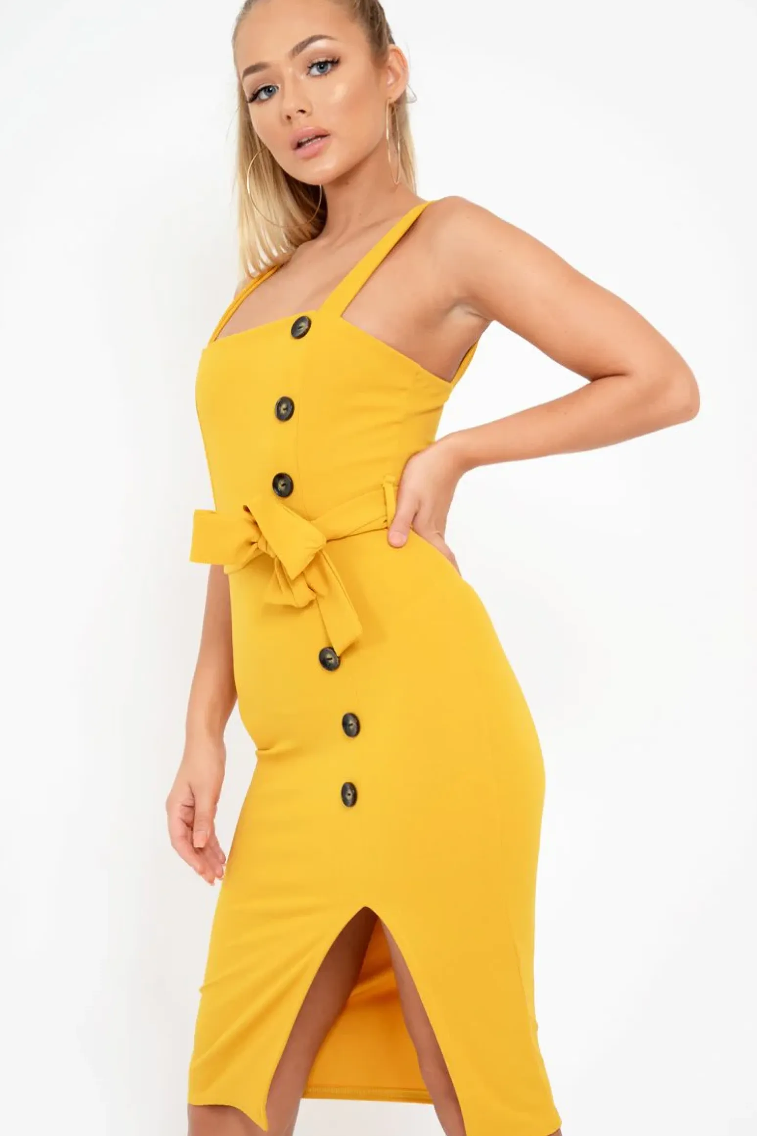 Rebellious Fashion Mustard Button Detail Tie Waist Midi Dress - Susana