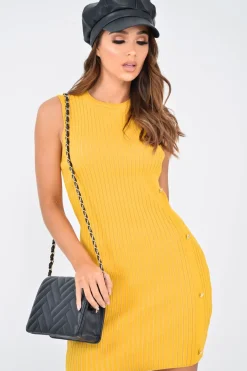 Rebellious Fashion Mustard Button Front Knitted Jumper Dress - Adalei
