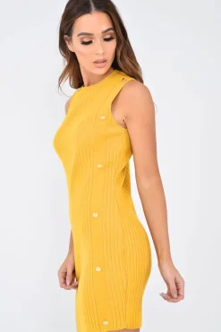 Rebellious Fashion Mustard Button Front Knitted Jumper Dress - Adalei
