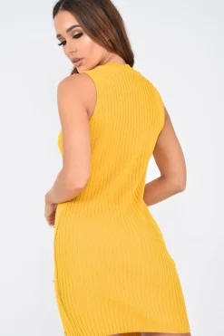 Rebellious Fashion Mustard Button Front Knitted Jumper Dress - Adalei