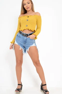 Rebellious Fashion Mustard Button Up Cropped Bardot Jumper - Cielo