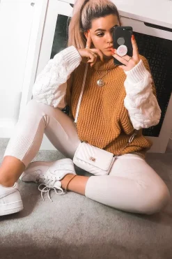 Rebellious Fashion Mustard Cable Knit Colour Block Jumper - Evren