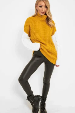Rebellious Fashion Mustard Cable Knit Colour Block Jumper - Evren