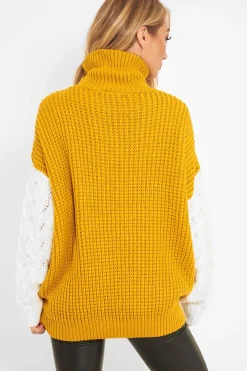 Rebellious Fashion Mustard Cable Knit Colour Block Jumper - Evren