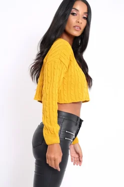 Rebellious Fashion Mustard Cable Knit Cropped Jumper - Georgie