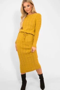 Rebellious Fashion Mustard Cable Knit Drawstring Waist Dress - Rhea