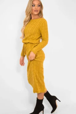 Rebellious Fashion Mustard Cable Knit Drawstring Waist Dress - Rhea