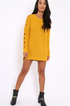 Rebellious Fashion Mustard Cable Knit Jumper Dress with Cut out Detail - Daysie