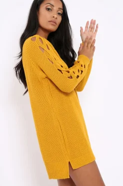 Rebellious Fashion Mustard Cable Knit Jumper Dress with Cut out Detail - Daysie