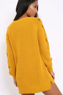 Rebellious Fashion Mustard Cable Knit Jumper Dress with Cut out Detail - Daysie